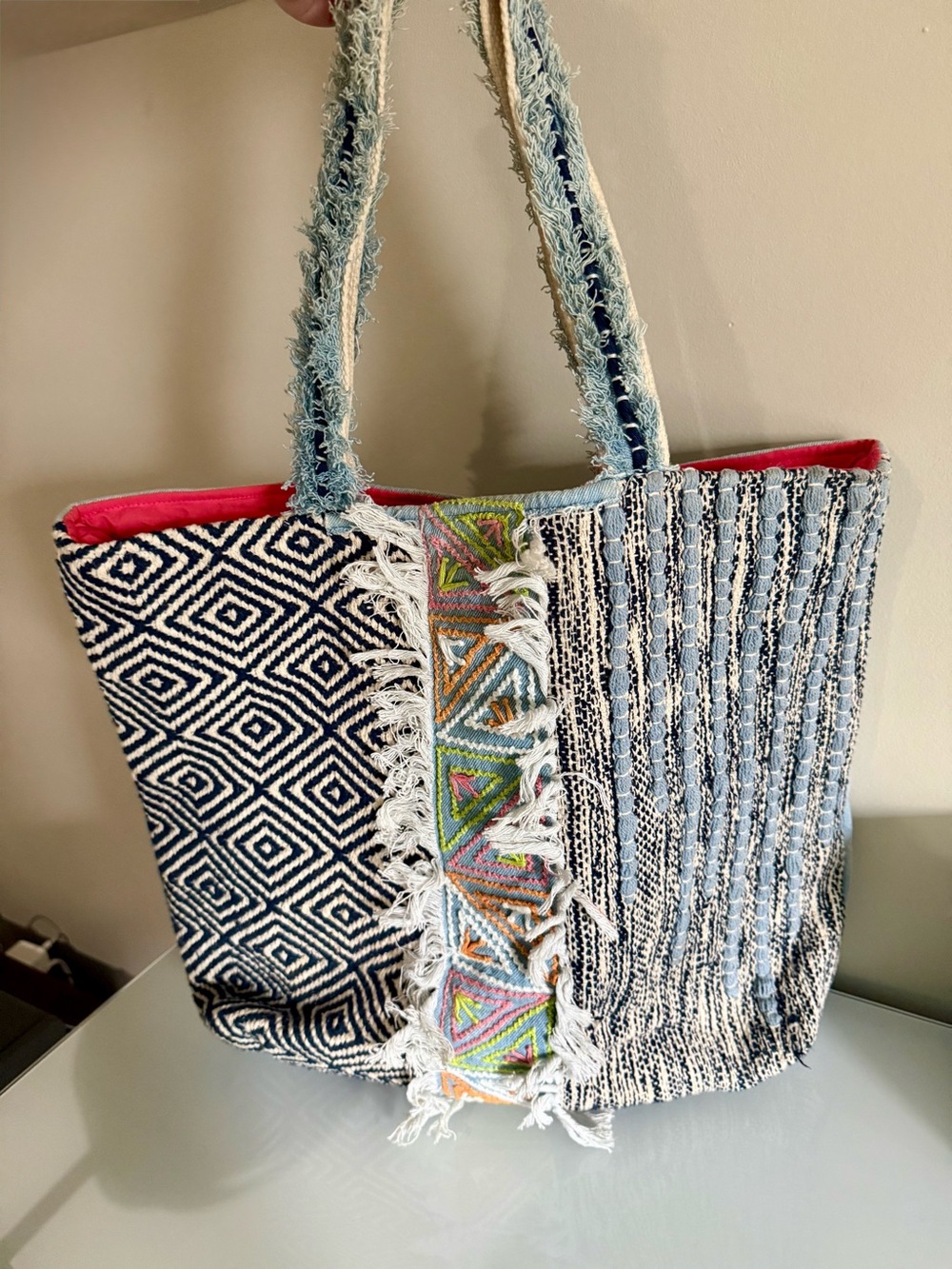 Katydid Boho Pink & Denim Fringe Weekender Beach Tote Bag - Large!